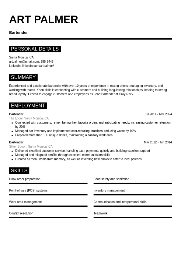 Bartender Resume Examples And Writing Tips Cvwizard