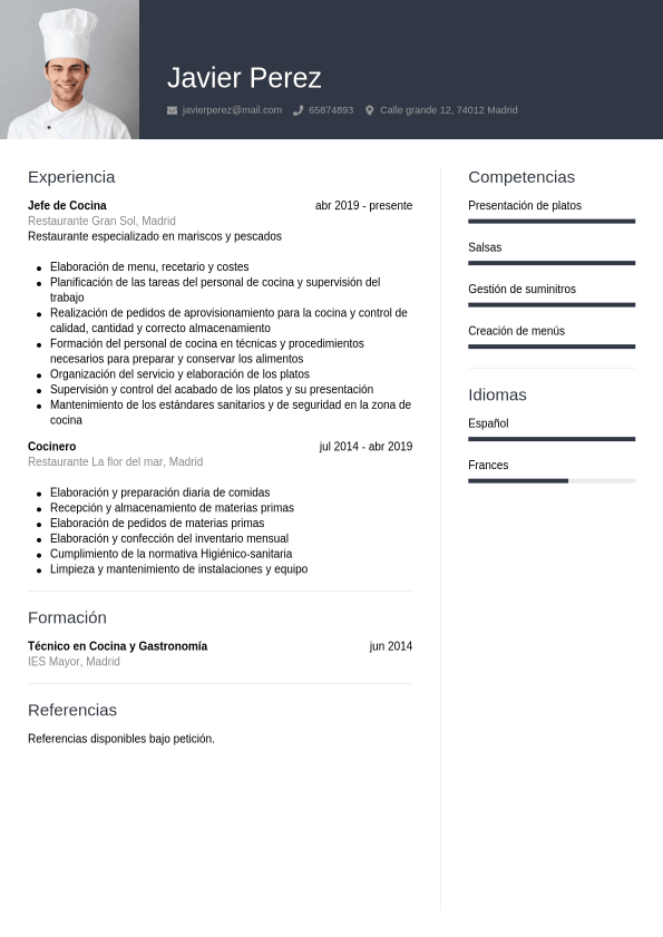 Currículum cocinero Ejemplo de CV CVwizard
