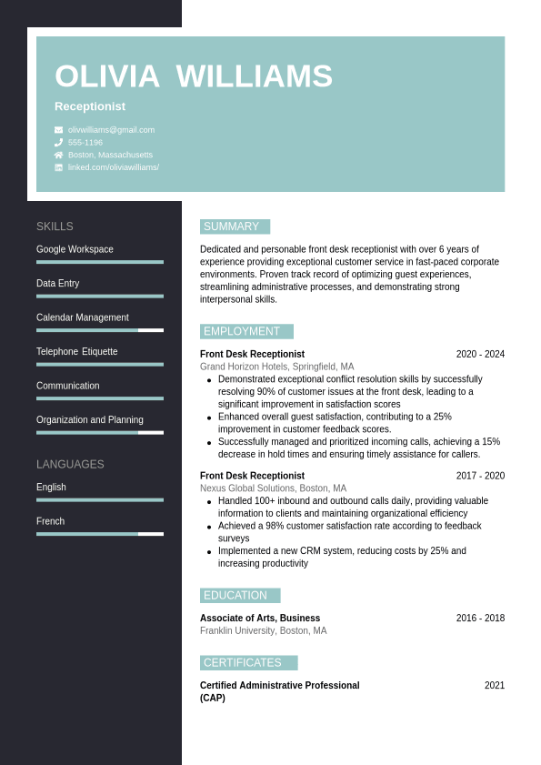 Receptionist Resume Example - CVwizard