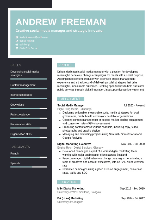 Social Media Manager CV Example - CVwizard