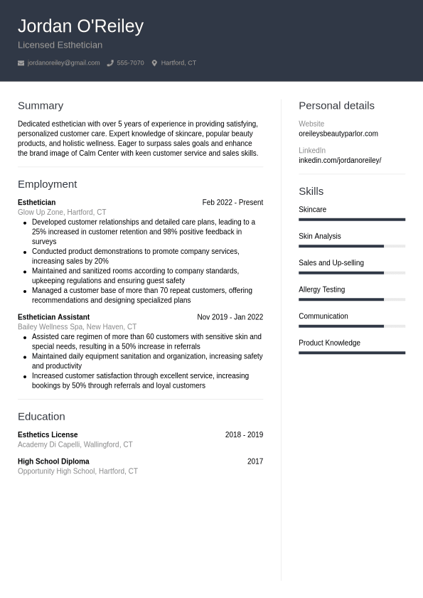 Esthetician Resume Example - CVwizard