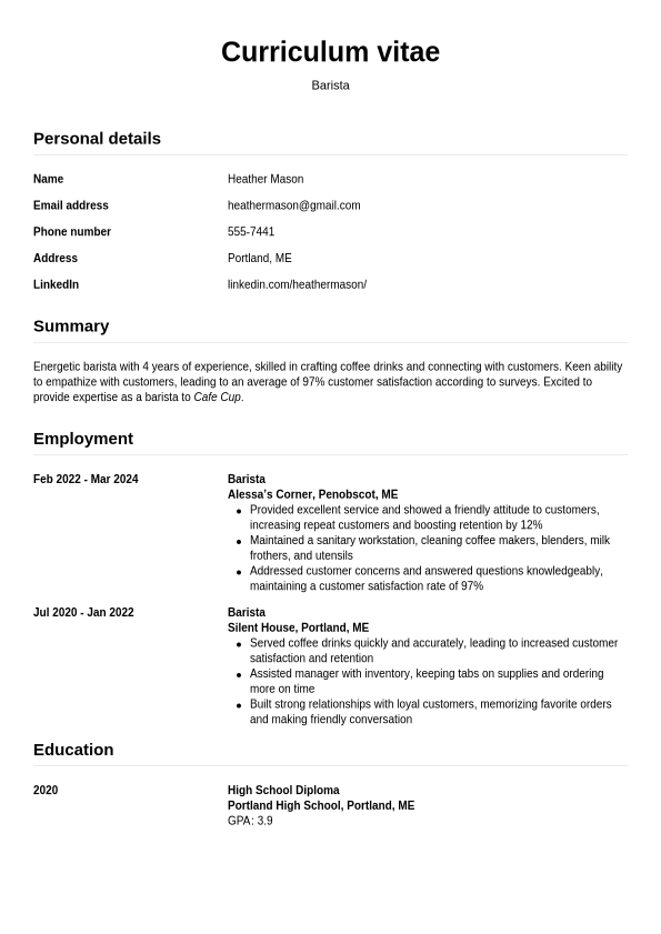 Barista Resume Examples and Writing Tips - CVwizard