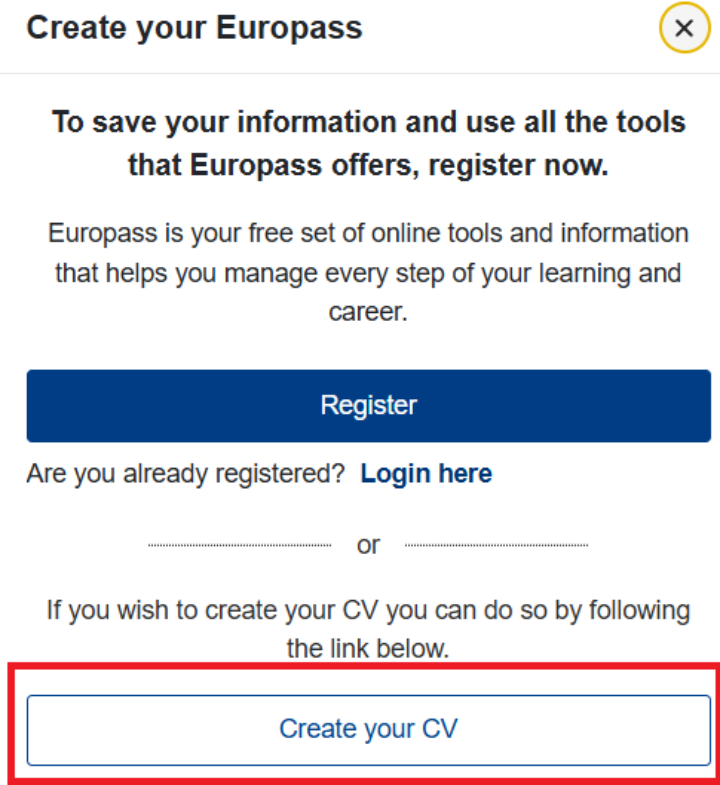 Verá uma janela modal em inglês (trata-te de um bug do site), onde deve selecionar “Create your CV”.